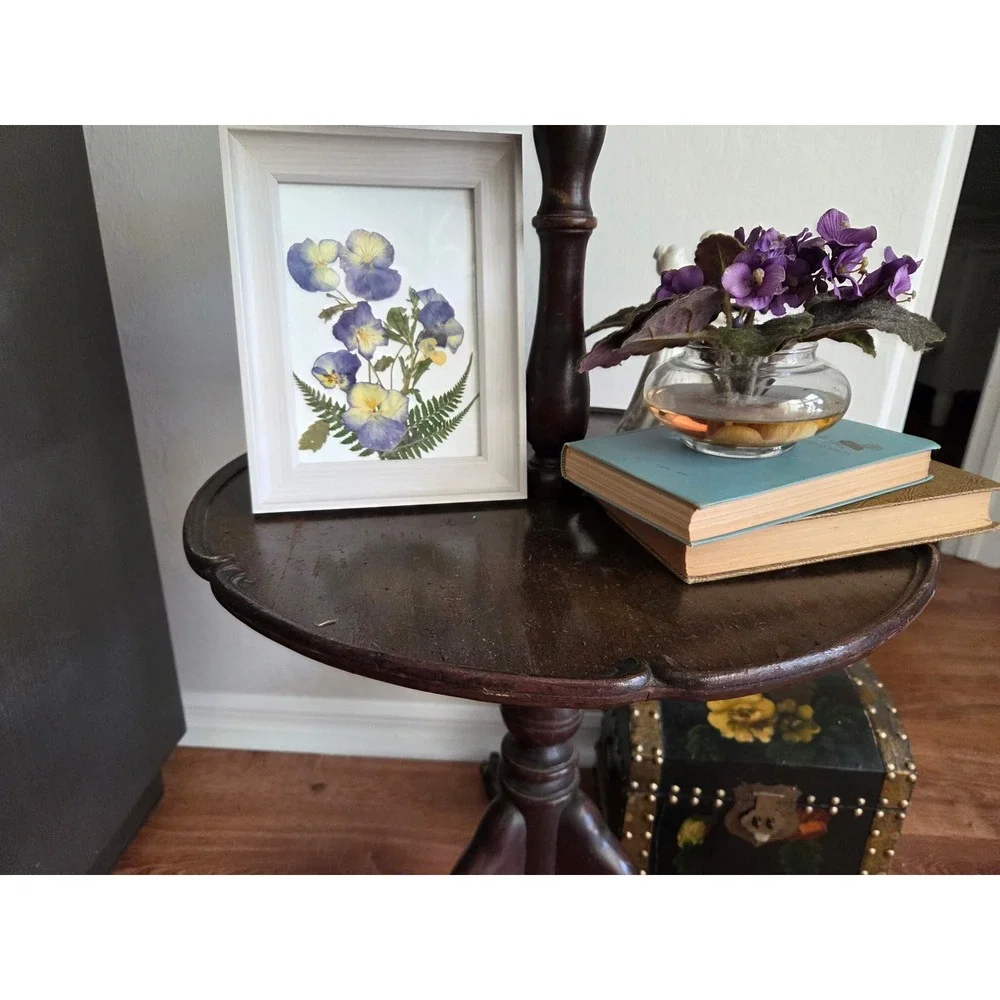Pressed Blue Pansies and Ferns Botanical Art White Wood Frame 5x7 Wall Decor